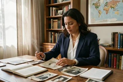 Femme aux origines mixtes consultant des documents familiaux et des photographies anciennes dans un bureau chaleureux, symbolisant la recherche de ses racines et de son parcours identitaire