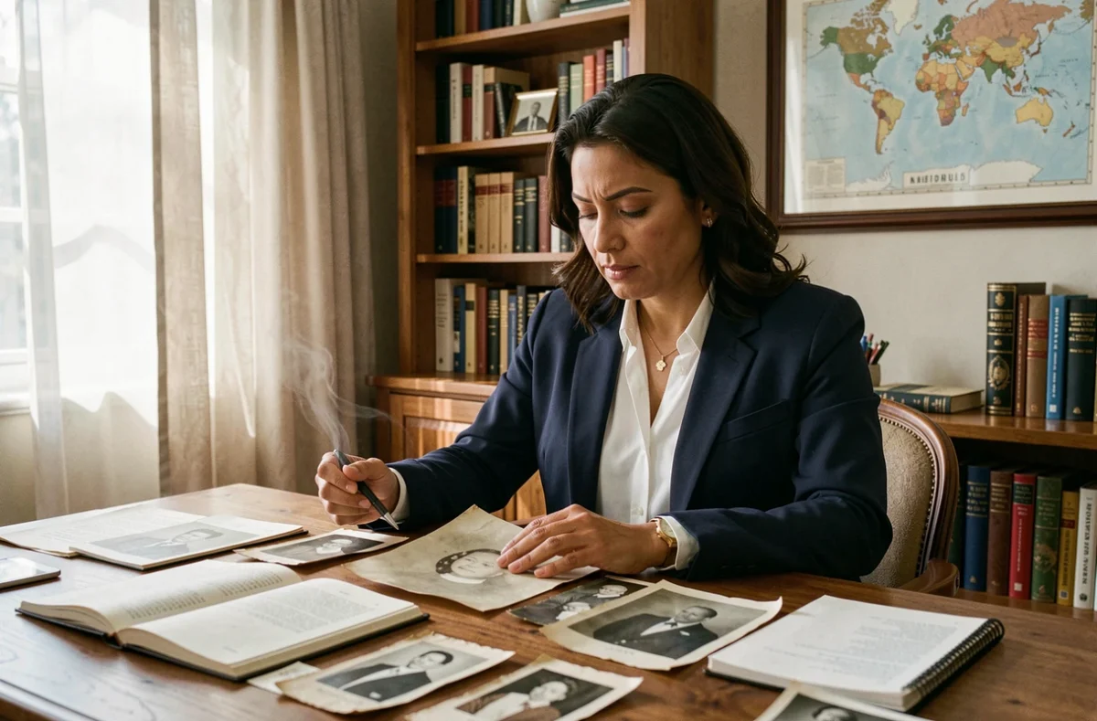 Femme aux origines mixtes consultant des documents familiaux et des photographies anciennes dans un bureau chaleureux, symbolisant la recherche de ses racines et de son parcours identitaire