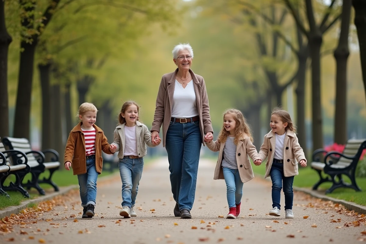 Femme avec enfants dans un parc parisien en pleine nature