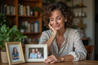 Femme de 50 ans regardant des photos de famille dans sa maison