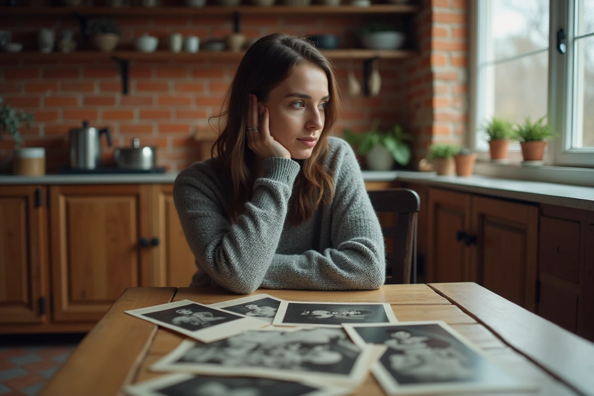 Femme adulte examinant de vieilles photos de famille sur une table en bois, évoquant la mémoire familiale et la fratrie
