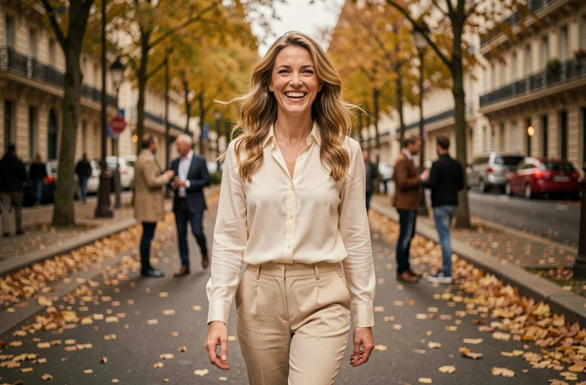 Femme souriante et détendue se promenant sur un boulevard parisien en automne, illustrant une nouvelle étape de vie sereine
