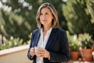 Femme élégante dans la quarantaine sur une terrasse ensoleillée, symbolisant une vie personnelle et professionnelle épanouie en 2026