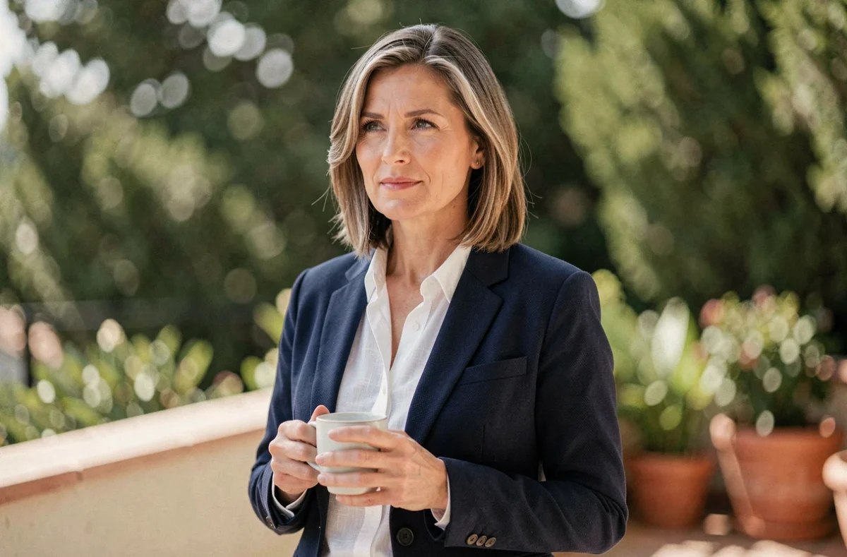 Femme élégante dans la quarantaine sur une terrasse ensoleillée, symbolisant une vie personnelle et professionnelle épanouie en 2026