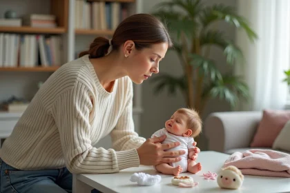 Femme examinant une poupée reborn dans un salon chaleureux