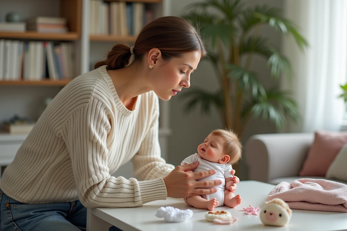Femme examinant une poupée reborn dans un salon chaleureux