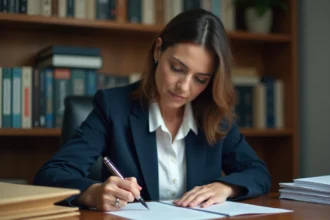 Femme rédigeant un courrier formel au juge pour refus de visite médiatisée, assise à un bureau avec des documents juridiques