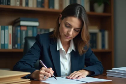 Femme rédigeant un courrier formel au juge pour refus de visite médiatisée, assise à un bureau avec des documents juridiques