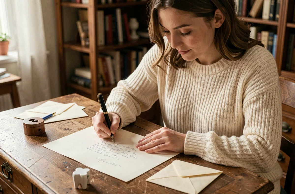 Femme écrivant une lettre personnalisée de la petite souris avec un stylo plume à un bureau vintage en bois