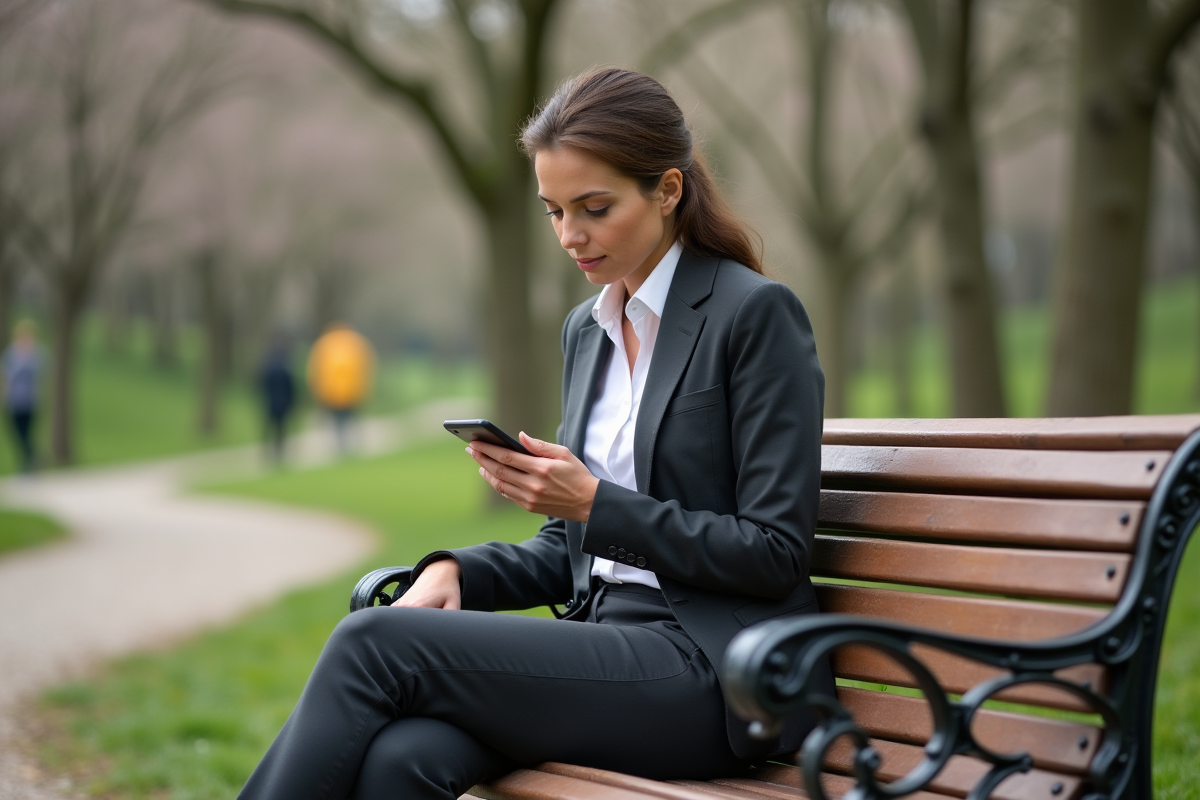 Femme assise sur un banc de parc en pleine réflexion