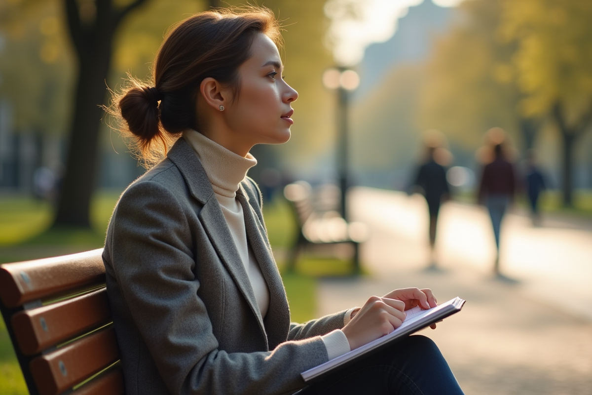 Femme pensant sur un banc dans un parc au printemps