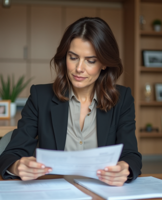 Femme d'affaires relisant des papiers à domicile