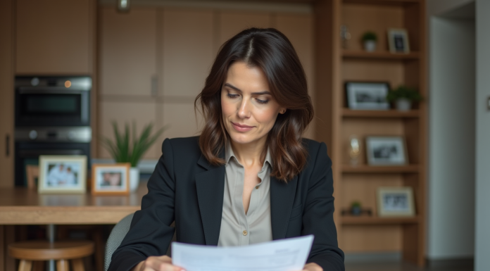 Femme d'affaires relisant des papiers à domicile