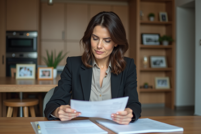 femme-revue-papiers-domicile Femme d'affaires relisant des papiers à domicile