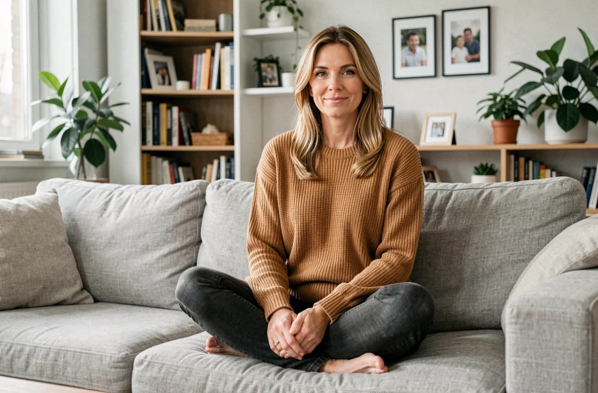 Femme décontractée assise dans un salon familial moderne et chaleureux, évoquant l'équilibre entre vie de famille et vie personnelle