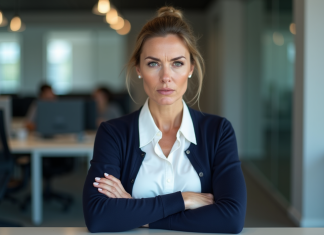 Traits de personnalité toxique : comment les reconnaître ? Femme d'âge moyen au bureau avec expression scrutinante