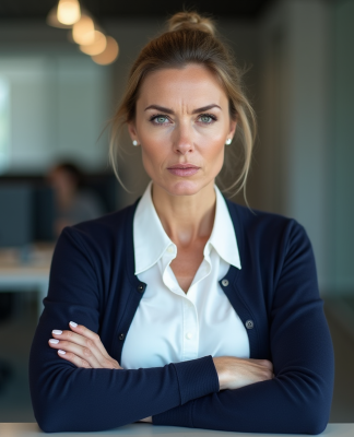 Femme d'âge moyen au bureau avec expression scrutinante