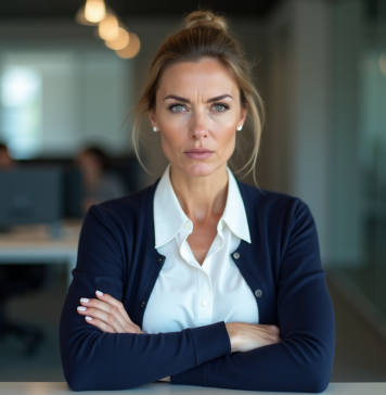 Femme d'âge moyen au bureau avec expression scrutinante