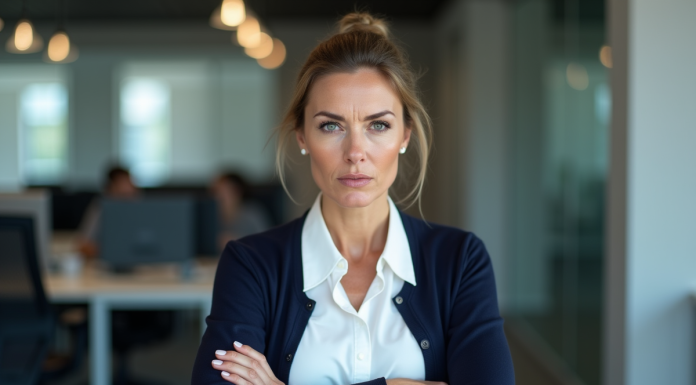Femme d'âge moyen au bureau avec expression scrutinante