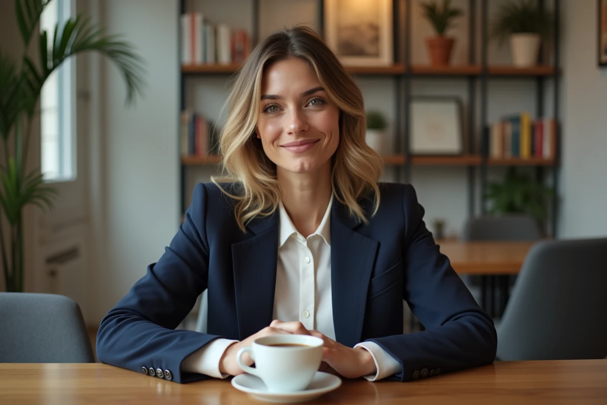 Femme en blazer navy dans un appartement parisien