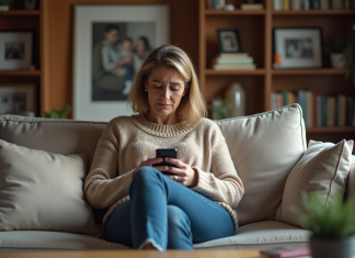 Enfants adultes ingrats : comprendre et agir face à ce comportement Femme seule dans un salon chaleureux avec smartphone