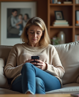 Femme seule dans un salon chaleureux avec smartphone