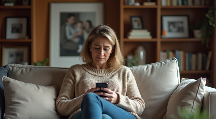 Femme seule dans un salon chaleureux avec smartphone