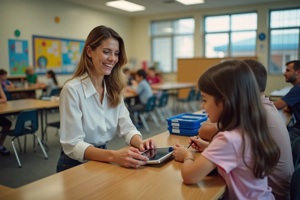 Femme souriante avec tablette à la cafetéria scolaire