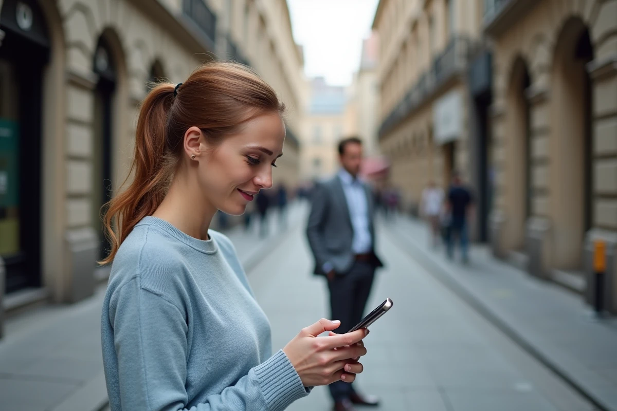 Femme avec smartphone dans une rue urbaine animée