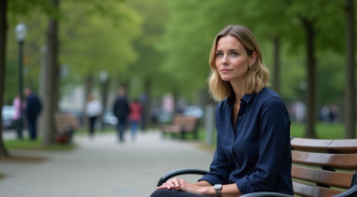 Femme assise sur un banc dans un parc urbain calme