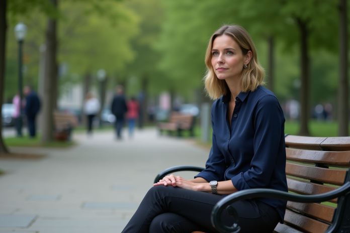 Femme assise sur un banc dans un parc urbain calme