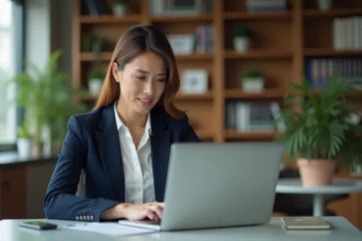 Femme professionnelle consultant des résultats de recherche Google sur un ordinateur portable, illustrant les enjeux de vie privée et de rumeurs en ligne