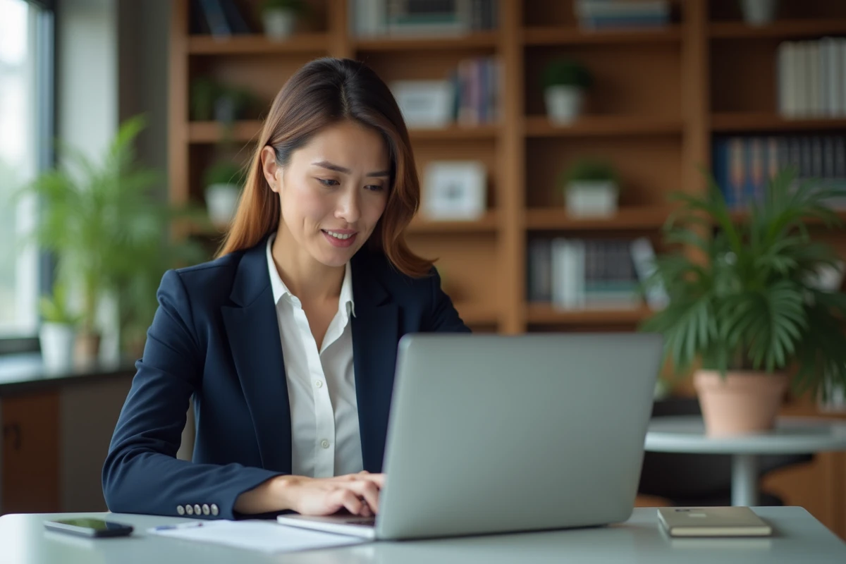 Femme professionnelle consultant des résultats de recherche Google sur un ordinateur portable, illustrant les enjeux de vie privée et de rumeurs en ligne