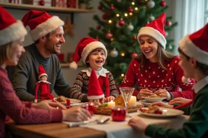 Famille rieuse avec pulls de Noel et elfes en décor chaleureux
