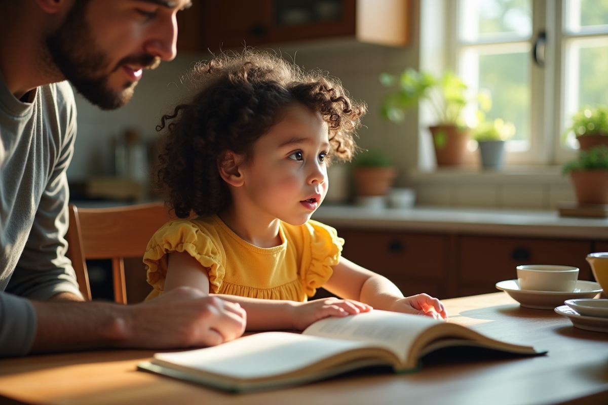 Fille de six ans pensive à la table de cuisine avec son père