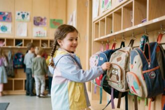 Jeune fille joyeuse choisissant son sac d'école