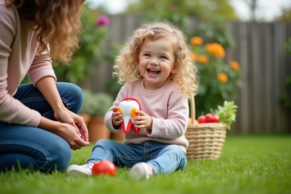 Fille de cinq ans jouant dans le jardin avec un jouet dent