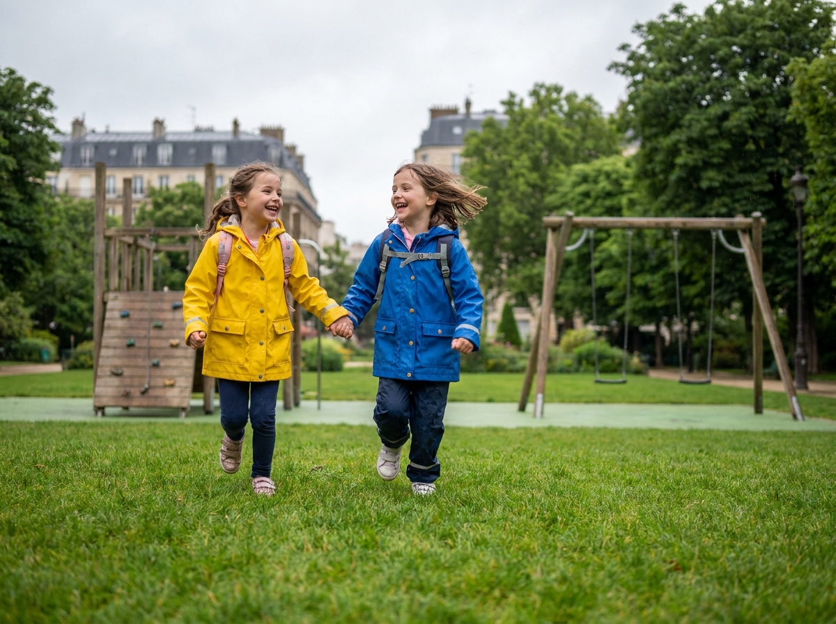 Deux filles rieuses en raincoat dans un parc parisien