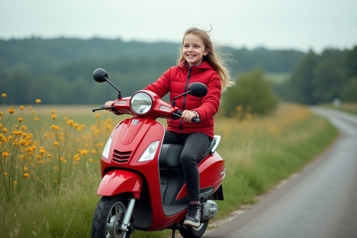 Fille de 14 ans joyeuse avec scooter en campagne