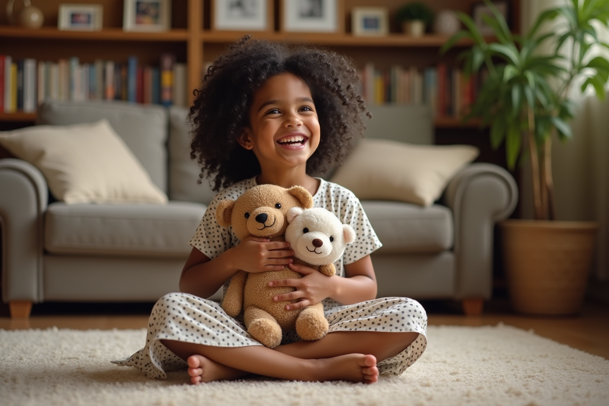 Fille de 9 ans souriante assise avec son doudou dans un salon chaleureux