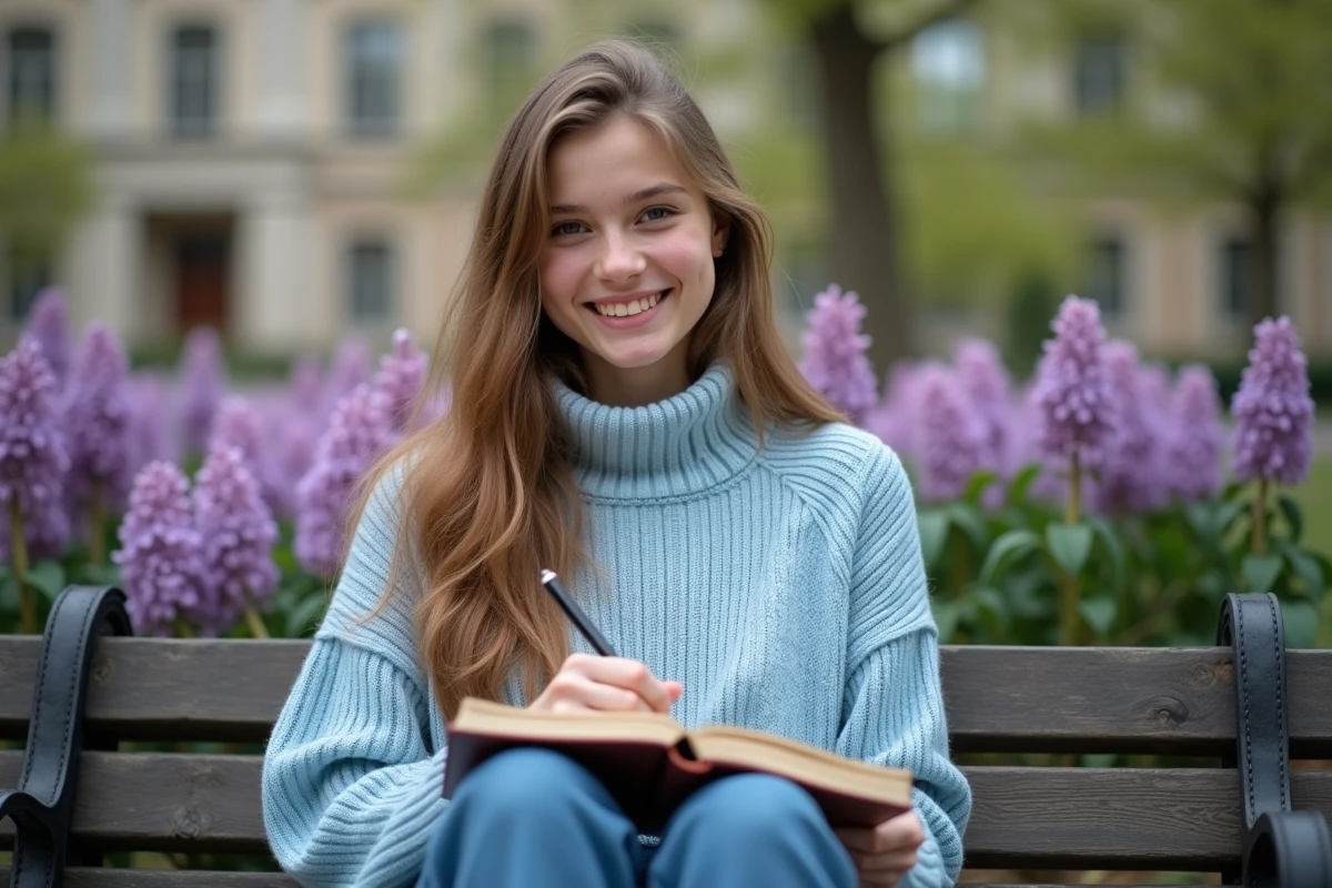 Jeune femme souriante écrivant son nom dans un journal en plein air