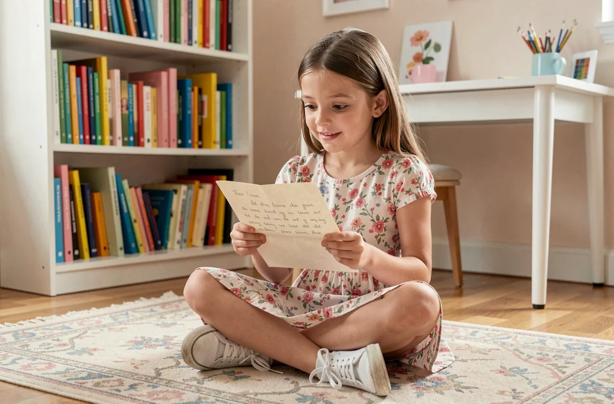 Jeune fille lisant une lettre émouvante de sa marraine assise sur le sol de sa chambre colorée