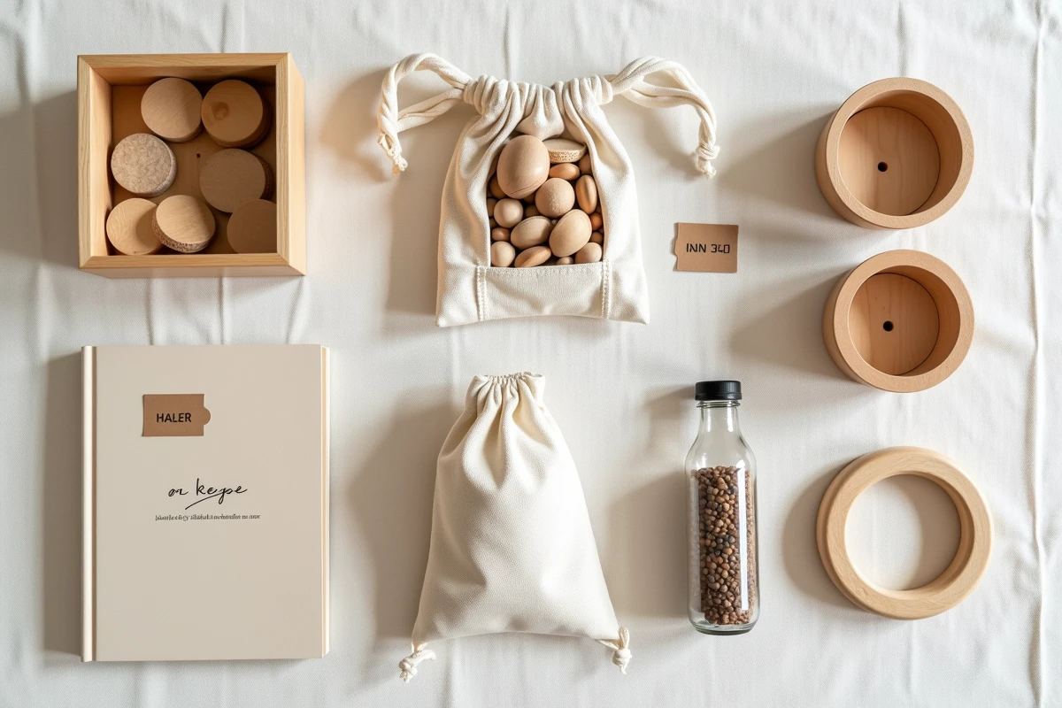 Vue aérienne de jeux Montessori faits maison pour bébé de 1 an avec des objets recyclés et matériaux naturels sur fond de lin
