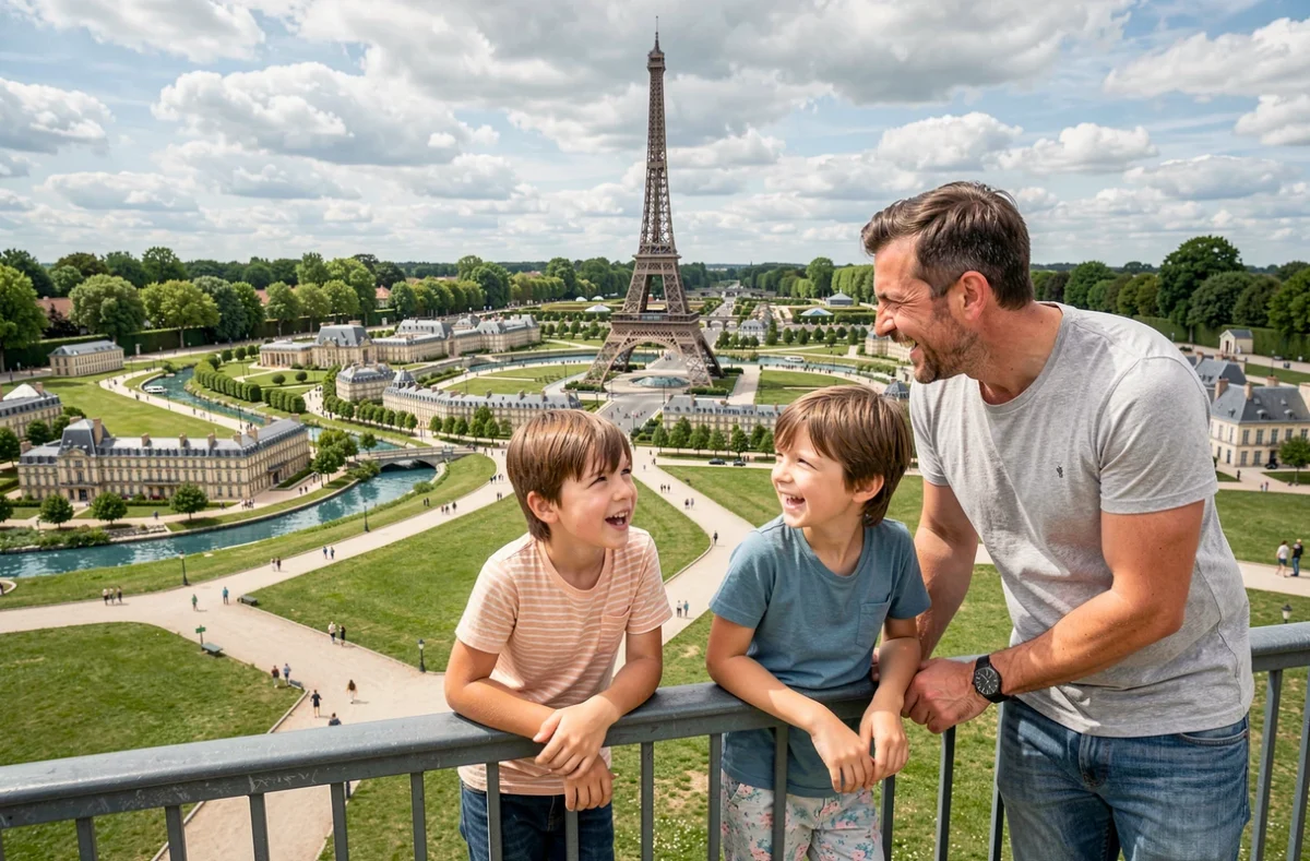 Famille observant la réplique miniature de la Tour Eiffel au parc France Miniature à Élancourt