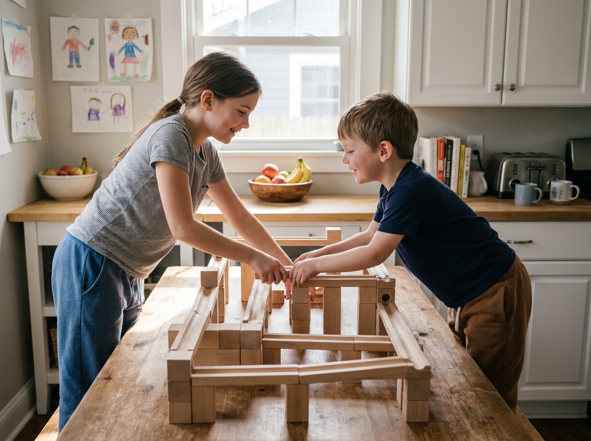 Deux enfants qui jouent ensemble avec un jeu de construction en bois évolutif sur une table de cuisine familiale