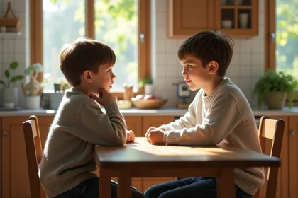 Deux freres en pleine conversation dans la cuisine lumineuse