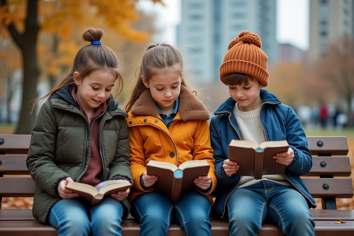 Trois frères et sœurs lisant dans un parc en automne