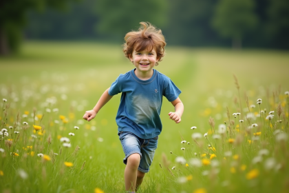 Garçon de 7 ans courant dans une prairie verte en pleine nature
