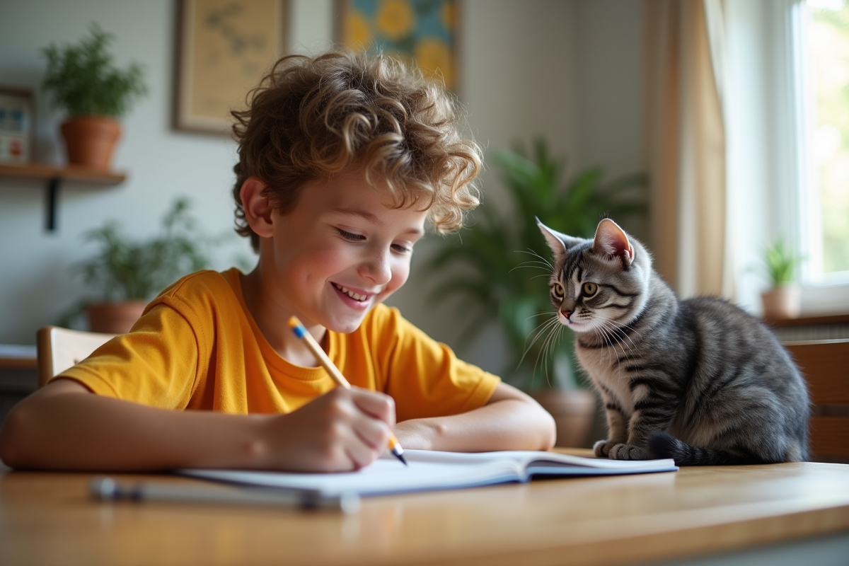 Garçon faisant ses devoirs avec un chat gris à côté dans un salon lumineux