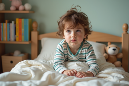 Jeune garçon endormi dans son lit avec peluche et livres
